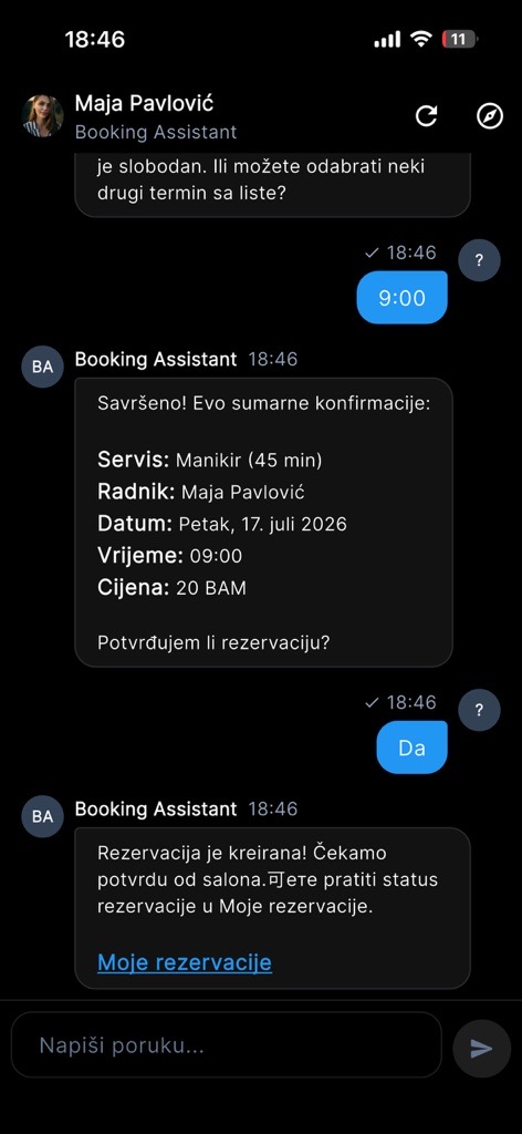 Kruug AI asistent: razgovor u kojem klijent rezerviše manikir, sažetak i potvrda rezervacije
