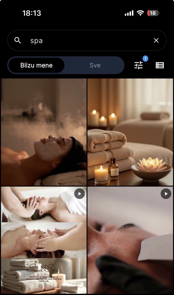 Kruug aplikacija: pretraga „spa” s rezultatima blizu tebe