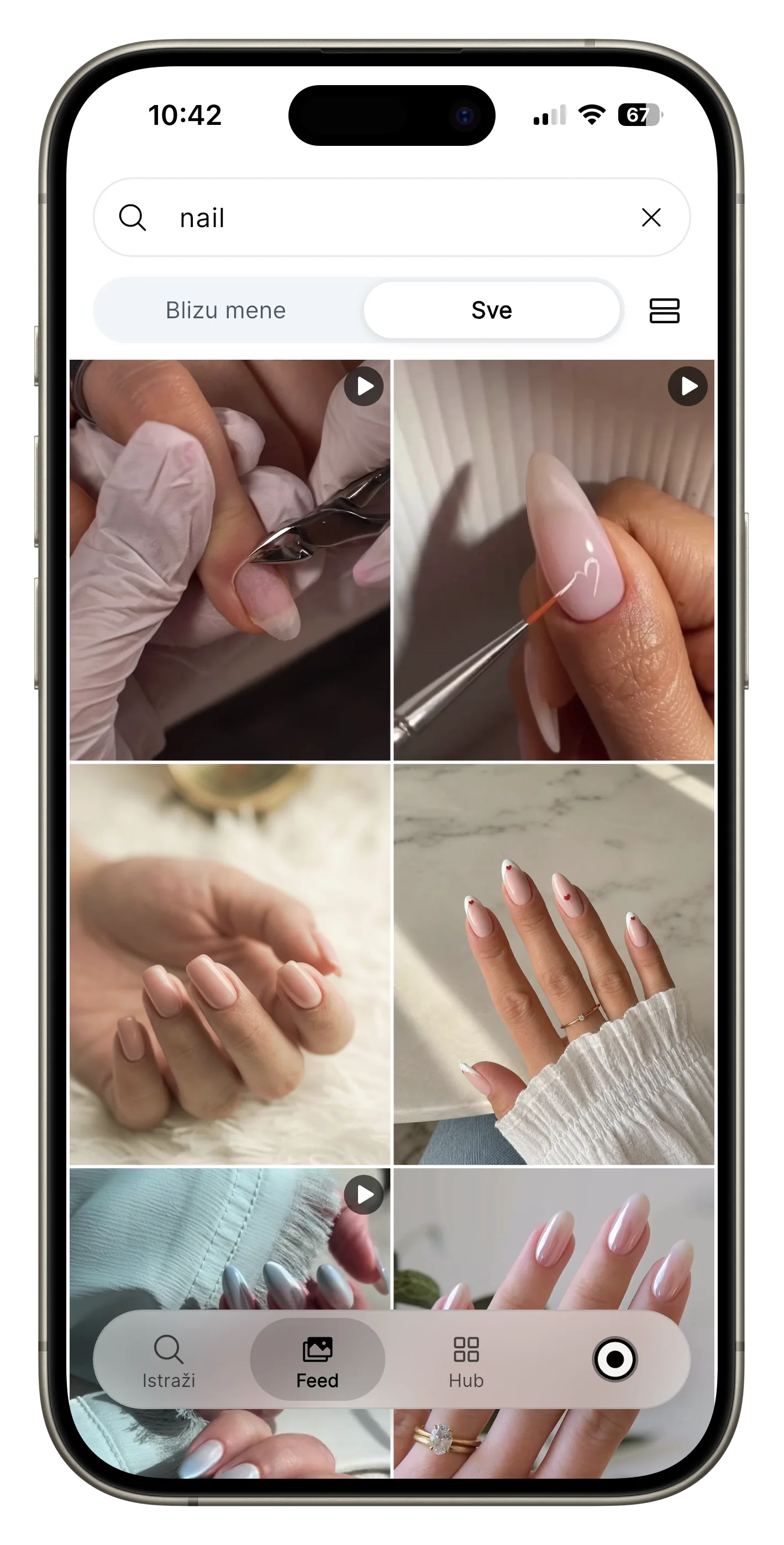 Kruug aplikacija na iPhoneu: pretraga „nail” s rezultatima u feedu